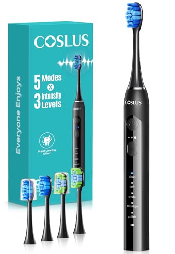 COSLUS Cepillo de Dientes Eléctrico Sónico: 5 Modos con 3 Niveles de Intensidad - Diseñado para Dientes Sensibles - Adecuado para uso Doméstico o de Viaje - Dos Tipos de Cabezales de Cepillo