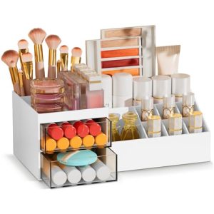 Subsky Organizador de Maquillaje con Cajones,Almacenamiento de Cosméticos,Organizador para Cuidado de la Piel, Organizador Multifunción para, Caja De almacenamiento para cosméticos con cajón, Blanco