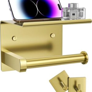 Tindbea Portarrollos de Papel Higiénico con Estante para Teléfono, Portarrollos de Papel Higiénico de Montaje en Pared, Adhesivo o Tornillo A Prueba de Óxido Acero Inoxidable (Oro Cepillado)