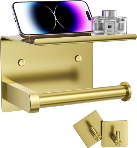 Tindbea Portarrollos de Papel Higiénico con Estante para Teléfono, Portarrollos de Papel Higiénico de Montaje en Pared, Adhesivo o Tornillo A Prueba de Óxido Acero Inoxidable (Oro Cepillado)