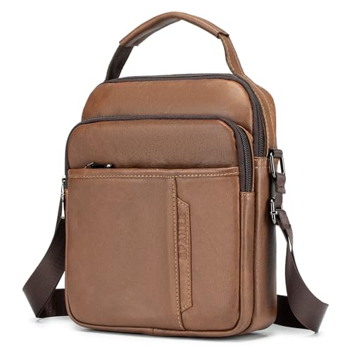 SPAHER Bandolera Bolso de Cuero Genuino para Caballero - Piel Grande Marrón Mensajero