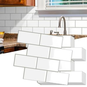 10-Piezas Grueso Azulejos Adhesivos Cocina, 3D Metro Blanco Adhesivo,Autoadhesivos Vinilo Baldosas Azulejos Adhesivos, Baldosa Cuarto de baño Pared (Gris y Blanco, 30.5 x 25.4CM)