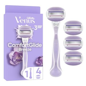 Gillette Venus ComfortGlide Breeze Maquinilla De Afeitar Mujer Con Recambios, 1 Mango De Metal, 4 Cuchillas De Afeitar Con Barras De Gel Y Soporte Para Ducha, Depilación Suave y Duradera