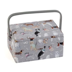 Hobby Gift Costurero mediano exclusivo, caja de almacenamiento para manualidades, bandeja para accesorios, alfiletero, mango de PVC, 18,5 x 25,5 x 14,5 cm, perros grises