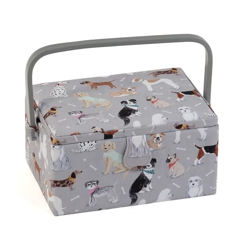 Hobby Gift Costurero mediano exclusivo, caja de almacenamiento para manualidades, bandeja para accesorios, alfiletero, mango de PVC, 18,5 x 25,5 x 14,5 cm, perros grises