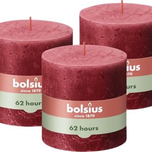 Bolsius – Vela XXL – Rojo – 3 unidades – 10 x 10 cm – Velas decorativas para el hogar – Duración de combustión 62 horas – sin perfumar – Cera vegetal natural – Sin aceite de palma