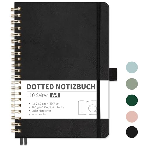 RETTACY Cuaderno A4 Dotted, Bullet Dot Journal con papel grueso de 100 g/m², 55 hojas, cuaderno para oficina y escuela, funda de piel, color negro, 21 cm x 29,7 cm