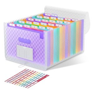 ThinkTex Carpeta Clasificadora Acordeón, 26 Bolsillos Archivador A4, Extensible Carpetas Clasificadora, Separadores Archivadores, Diseño de patrón de cuadros, para Hogar Oficina – Púrpura