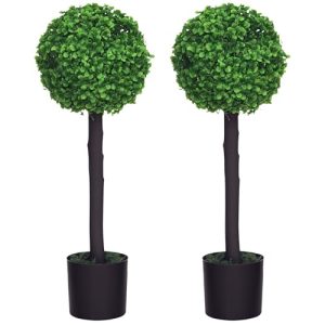 HOMCOM Juego de 2 Plantas Artificiales Decorativas 60 cm Árboles de Bolas de Boj en Macetas Plantas Falsas para Decoración Interior y Exterior del Hogar Ø20×60 cm Verde