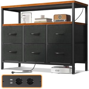ODK Comoda Dormitorio Cajonera con 2 Enchufes y 2 Puertos de Carga USB,Cajonera Dormitorio Hay 6 Cajones,Comodas y Cajoneras Dormitorio Apto para Salón y Pasillo Negro y Vintage