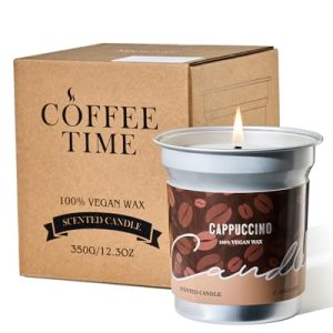 M&SENSE Capuchino Velas Aromáticas Soja 350g, Rvelas Perfumadas Cumpleaños, Decoracion Cocina Aroma Leche y Canela, Lata de Aluminio 73h, Velas Perfumadas Gourmet para Relax y Bienestar