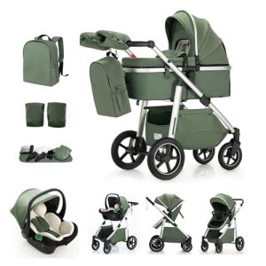 Kakbgee 3 en 1 Cochecito de Bebé, Sistema de Viaje, Carrito Bebé Asa Regulable en Altura, Silla de Paseo, Cubierta para Lluvia, Mosquitera, Cochecito con chasis de aluminio(0-4 Años, 22KG)