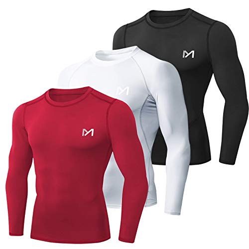 MEETYOO Camiseta Compresion Hombre, Ropa Deportiva Manga Larga Base Layers para Running Gym Ciclismo Camisa, Negro + Blanco + Rojo, S