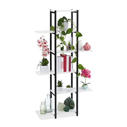 Relaxdays Estantería Metálica Plantas, Escalera Macetas 6 Baldas Interior, Efecto Madera, 150x78x24 cm, Blanco