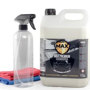 MAX DETAIL-LAB – Wax Premium 5L – Cera Liquida Carnauba Alto Brillo para Coche Lavado en Seco, Poder Hidrofóbico Repelente Agua Antilluvia, Kit Limpieza Detailing Car Profesional Auto Moto 5 Litros