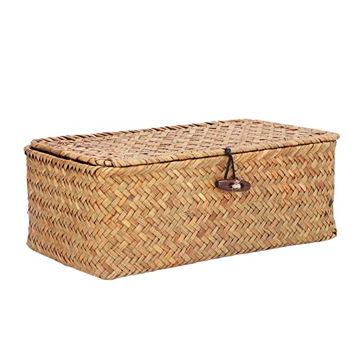 Leopacat Cesta Mimbre,Cajas Almacenaje Decorativas con Tapa,Rectangular Tejidas Mano Cesta Almacenaje,Seagrass Organizadoras Mimbre Estantes Escritorio para BañO,Sala Estar,Cocina 26,6×16×10.4cm (M)