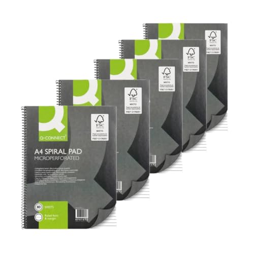 Q-Connect - Cuaderno de espiral (tamaño A4, papel rayado, 80 hojas, 5 unidades)