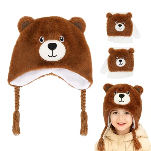 Hifot 3PCS Conjunto de Gorro y Guantes Niña, Oso Guantes Invierno Niño Gorro Invierno Niña de 3-8 Años con Orejeras, Oso Mitones Sombreros de Térmicos para Niños Regalo Navidad