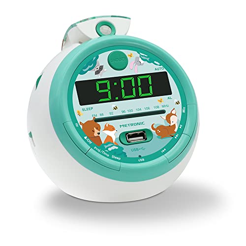 Metronic 477343 - Radio Reloj Despertador Digital para niños, con Reloj proyector Techo para Leer la Hora, diseño Infantil Forest con Animales del Bosque, Doble Alarma Radio FM, Toma USB