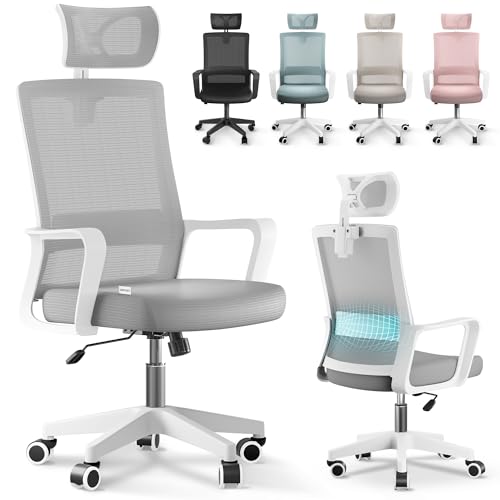 JUPPLIES Silla Escritorio Ergonomica - Silla Oficina Ajustable y Reclinable con Soporte Lumbar, Reposacabezas Ajustable, Malla Transpirable, Ruedas Giratorias 360° Soporta hasta 100kg (Gris)