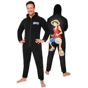 One Piece Pijama Hombre – Pijama Hombre Entero, Onesie Cierre Cremallera Completo, Talla S-3XL, Regalo Navidad (Negro, M)