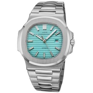 Alienwork Reloj Automático Hombre Mujer Plateado Pulsera de Metal Acero Calendario Fecha Azul Claro Calendario Fondo de Vidrio Impermeable 5 ATM