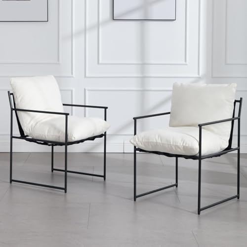 chairus Juego de 2 Sillas de Comedor con Asiento Acolchado Sillas de Cocina Minimalista, Silla de salón con Estructura de Metal Negro para Sala de Estar/Dormitorio, Blanco