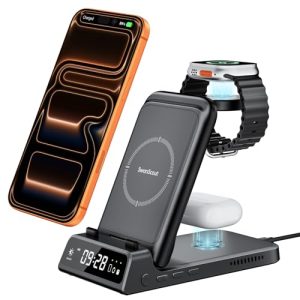 Cargador Inalámbrico para iPhone, Estación de Carga para iPhone Air/17/16/15/14/13/12 Serie, 3 en 1 para Apple Watch 11/10/9/8/7/Ultra 3/Air-Pods, SwanScout 703A, Sin Adaptador