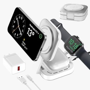 Carga inalámbrica 3 en 1 para Apple Dispositivo, Mini Estación Carga Plegable para Magsafe para iPhone 17/Air/16/15/14/13/12 Serie, Apple Watch Serie y AirPods Pro/2/3/4(Adaptador Incluido) (Plata)