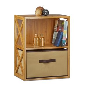 relaxdays Estantería con Cesta de almacenaje, Madera, Dos estantes, Caja Plegable, 54 x 42 x 49 cm, 1 Ud., Marrón