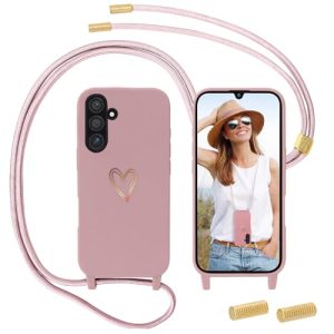 Cadena de teléfono móvil para Samsung Galaxy A17 5G funda con correa, MoEvn Necklace Funda con Cordón para Colgar Corazón Patrón de Silicona Carcasa Resistente a los golpes con Cadena Desmontable para