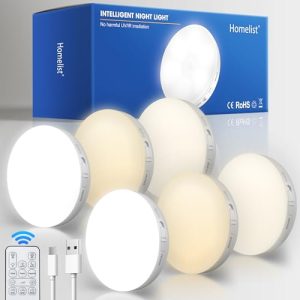 Homelist Luces Sensor de Movimiento Interior con Mando a Distancia, 6 Pack Luz Nocturna LED Recargable por USB, Luz Nocturna Sensor Movimiento Sin Cable para Pasillo, Escaleras, Gabinete, Armarios