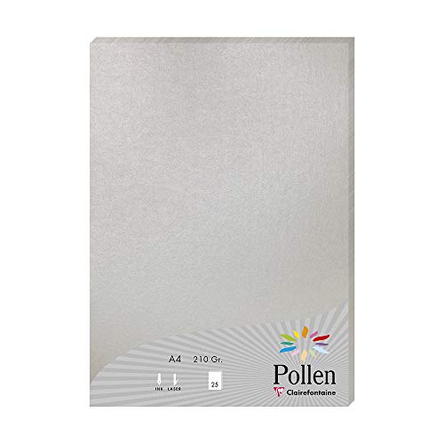 Clairefontaine - Ref 24389C - Pollen Coloured Paper (Pack of 25 Sheets) - A4 (210 x 297mm), 210gsm Paper, Inkjet & Laser Printer Compatible, Acid Free - Silver