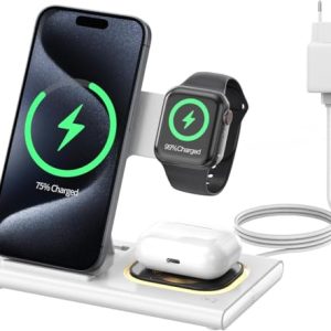 Aimtel Cargador Inalámbrica Plegable 3 en 1 Compatible con Apple Watch Ultra 3/2/10/SE,para iPhone 17/17 Pro/17 Pro Max/16/15/14/13/12,Air-Pods Pro 4/3/2 con Lámpara de Noche Estación de Carga