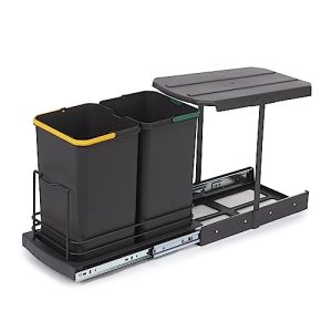 EMUCA – Contenedores de reciclaje Recycle para cocina, Cubos de basura bajo fregadero 2 x 12 L, fijación inferior y extracción manual/automática, Plástico gris antracita, 1 und