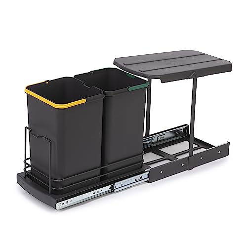EMUCA - Contenedores de reciclaje Recycle para cocina, Cubos de basura bajo fregadero 2 x 12 L, fijación inferior y extracción manual/automática, Plástico gris antracita, 1 und