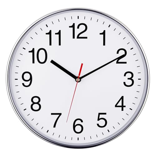 Plumeet 30cm Reloj de Cuarzo de Pared Silencioso, Decorativo para el Hogar/la Cocina/la Oficina/la Escuela, Fácil Leer y con Pilas (Cromo)