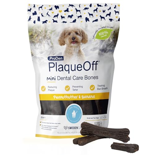 ProDen PlaqueOff 20 Mini Huesos Dentales para Perros Pequeños y de Juguete, Eliminador de Sarro, Placa y Mal Aliento, Mejora la Salud Oral en General, Mantequilla de Cacahuate y Plátano