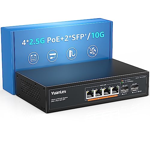 YuanLey 6 Port 2.5G PoE Switch No Gestionado, 4 x 2.5G Base-T PoE Puertos, 2 x 10G SFP, 802.3af/at, 78W, Compatible con 100/1000/2500Mbps, Metal Sin Ventilador, Montaje Pared Conmutador de Red 2.5Gbe