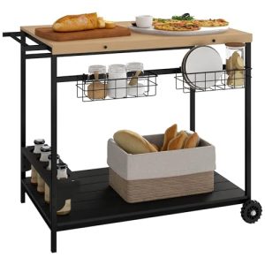 Outsunny Camarera con Ruedas de Madera Carro de Servicio con 2 Estantes 2 Cestas Metálicas y Soportes para Botellas para Jardín Terraza Patio 97,5x65x81 cm Natural y Negro