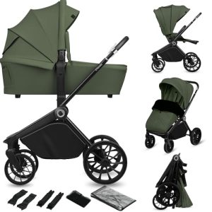 LIONELO MIKA PLUS 2 en 1 Cochecito de bebé 0-48 meses hasta 22 kg Capazo hasta 9 kg, Ajuste de Respaldo y Reposapiés, Suspensión, AiryDots, Ruedas de PU giratorias 360° Capota XXL (Green)