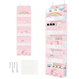 Clastyle Organizador Colgante Puerta Unicornio Rosa con 5 Bolsillos, Arco Iris Almacenaje Colgar para Pañales Ropa Juguetes Infantil, Organizador de Puerta para Dormitorio Baño Camping