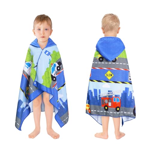 decalsweet Toalla Infantil con Capucha, Toalla de Playa de Microfibra, Suave Absorbente Grande Toalla de Baño Poncho Toalla Piscina Infantil Niño y Niña 127 x 76 cm(Coche de Tráfico)