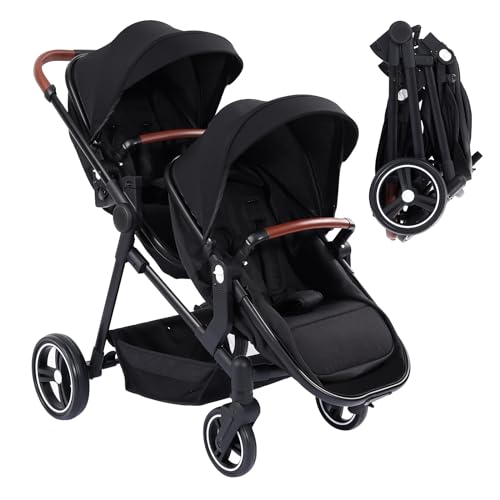 Cochecito doble ligero plegable de viaje, cochecito tándem compacto con asientos reversibles, capazo para bebé, carga máxima 30 kg, desde el nacimiento hasta los 36 meses (Negro)