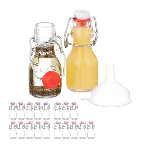 Relaxdays Pack Botellitas de Cristal, 50 ml, 20 Mini Botellas para Rellenar Licor o Aceite, Tapa Mecánica, Transparente