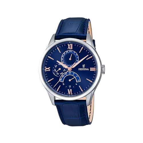 Festina Reloj Hombre Analógico de Cuero Azul - Movimiento de Cuarzo - Cristal Mineral de Alta Resistencia - Resistente al Agua 5 ATM Elegante y Vintage - Multifunción F16823/3