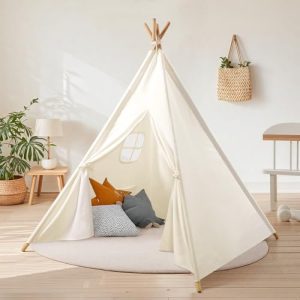 Wilwolfer Tipi Infantil, Algodón Tienda de Campaña Interior Madera Portátil Cabañas para Niños, Tienda de Juego con Banderas de Colores, y Bolsa de Almacenaje