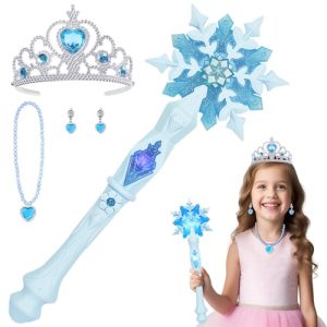 AUYAO Varita Mágica de Princesa, 4pcs Varita Luminosa de Copo de Nieve con Corona Collar Pendientes, Varita de Hadas, Regalos de Cumpleaños para Niñas, Accesorios de Cosplay Fiesta Navidad