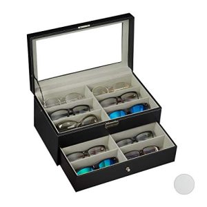 Relaxdays Caja Gafas con 12 Compartimentos, Organizador, 1 Ud, Cuero Sintético-Cristal, 15,5 x 33,5 x 19 cm, Negro