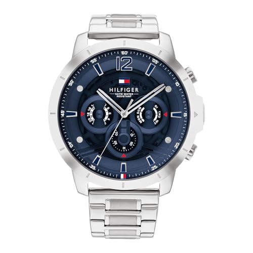 Tommy Hilfiger Reloj Analógico de Cuarzo Multifunción para Hombre con Correa de Acero Inoxidable Plateada - 1710492